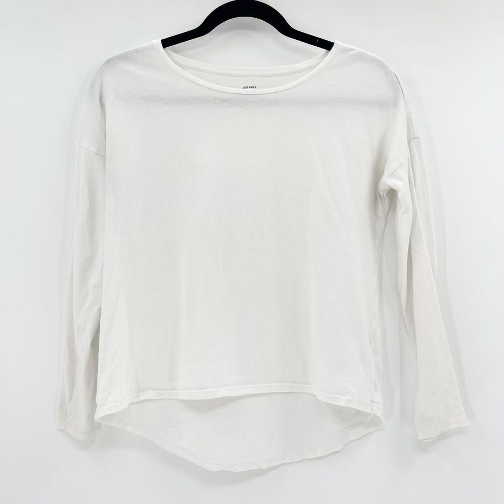Old‎ Navy Long Sleeve Top Girls Kids L White Relaxed Fit Curved Hem Soft Casual
